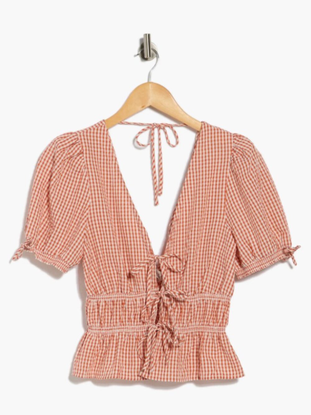 NWT - Gingham Short Sleeve Tie Front Top